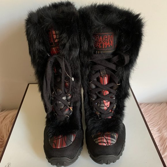 COACH JENNIE SIGNATURE "C" PLAID WITH RABBIT FUR TRIM BOOTIE BOOTS - Picture 1 of 12